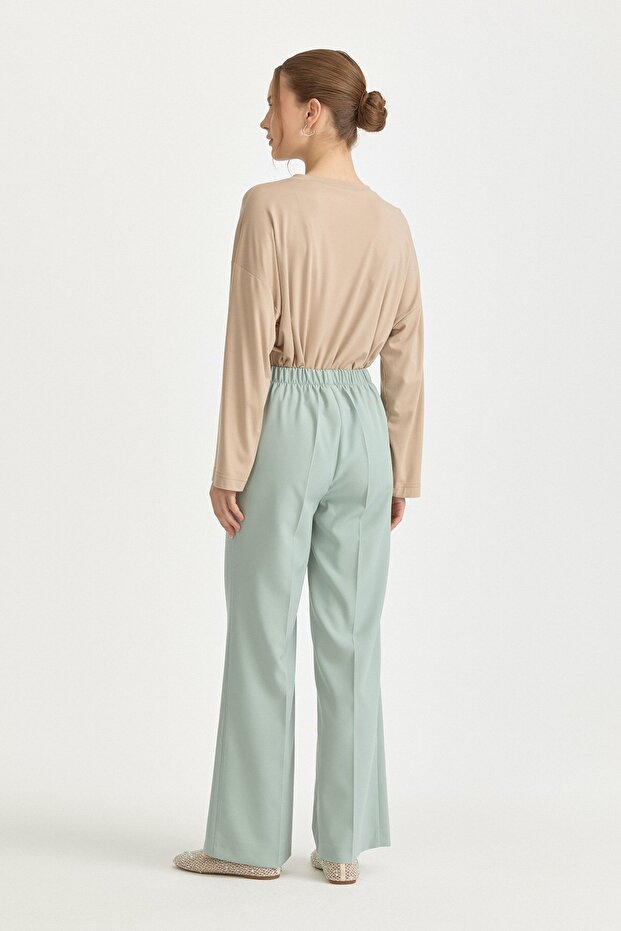 Elastic Waist Basic Ironed Trousers Aqua - 4