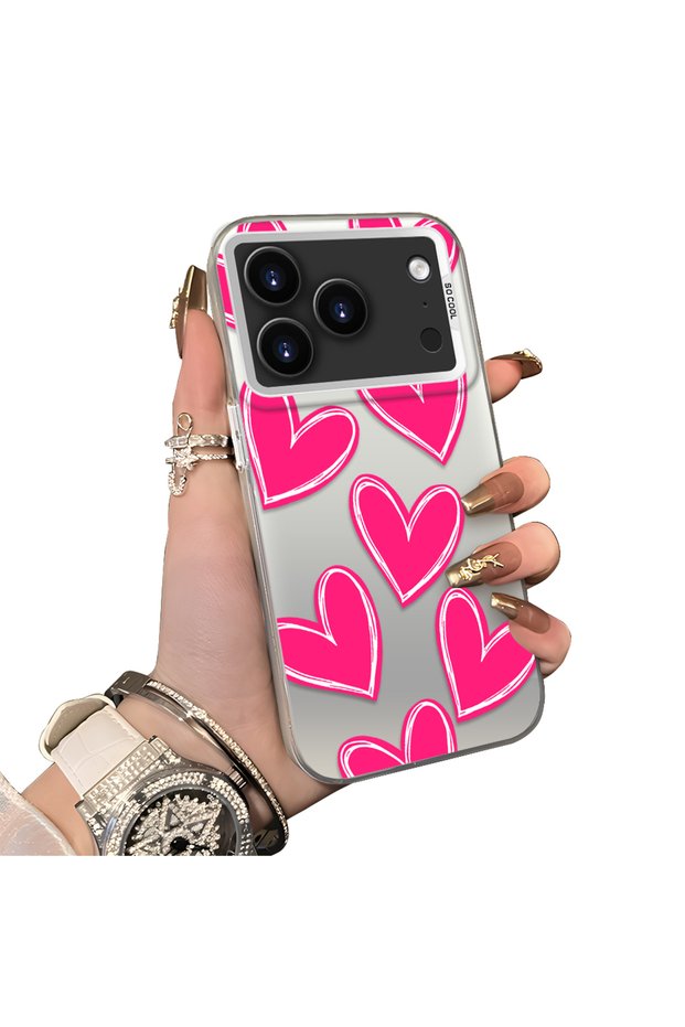 iPhone 17 Pro Max Compatible Hard Acrylic Back Silicone Edge Lens Protection Case Heart Pattern