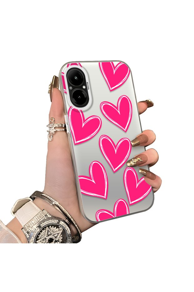 Realme C67 4g Compatible Hard Acrylic Back Silicone Edge Lens Protection Case Heart Pattern