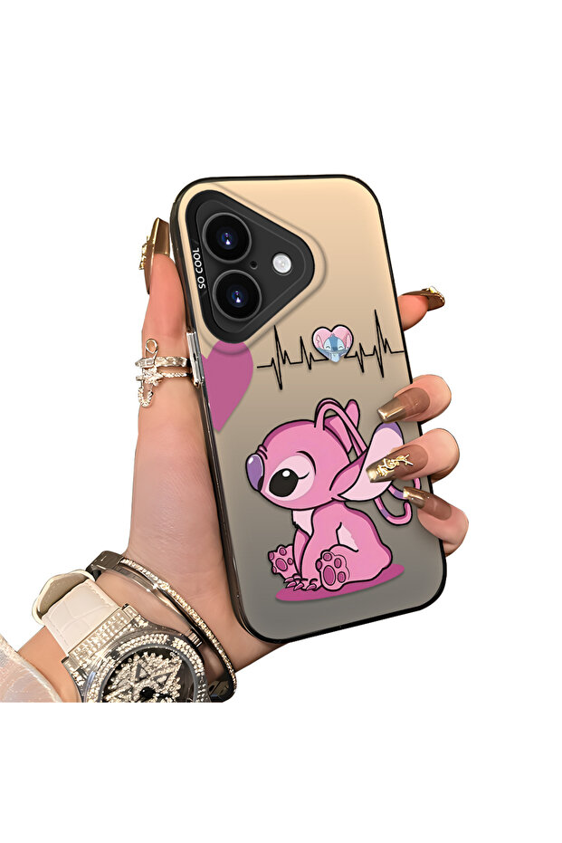 iPhone 17 Compatible Stitch Couple Pattern Case Hard Acrylic Back Silicone Edge Lens Protection