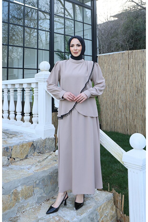 Tassel Detailed Asymmetrical Cut Skirt Suit Stone Hnt8546
