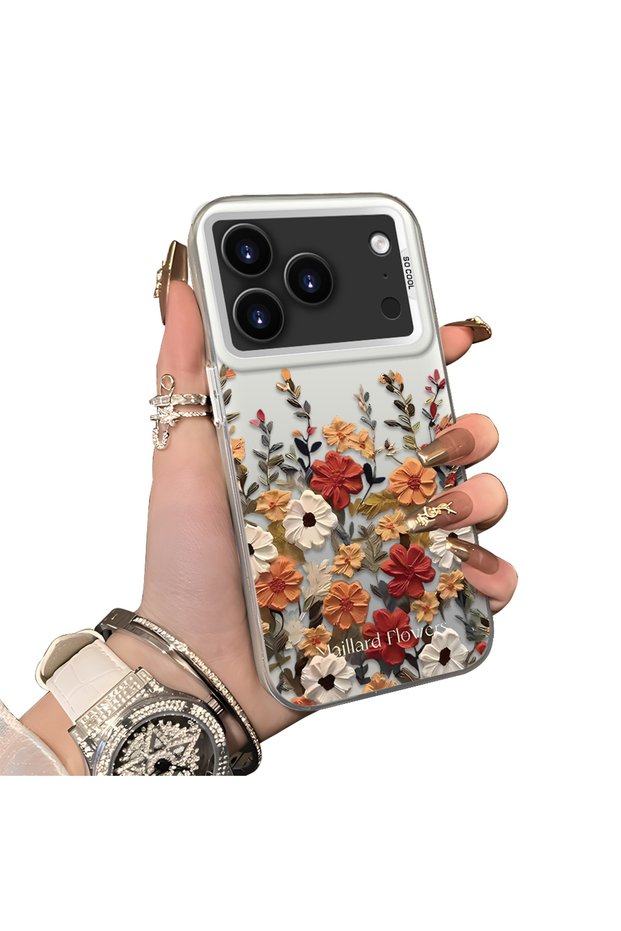 iPhone 17 Pro Max Compatible Hard Acrylic Back Silicone Edge Lens Protection Case Beautiful Flower
