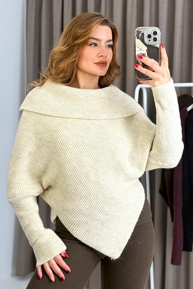 Women's Asymmetrical Cut Bat Sleeve Sweater Beige