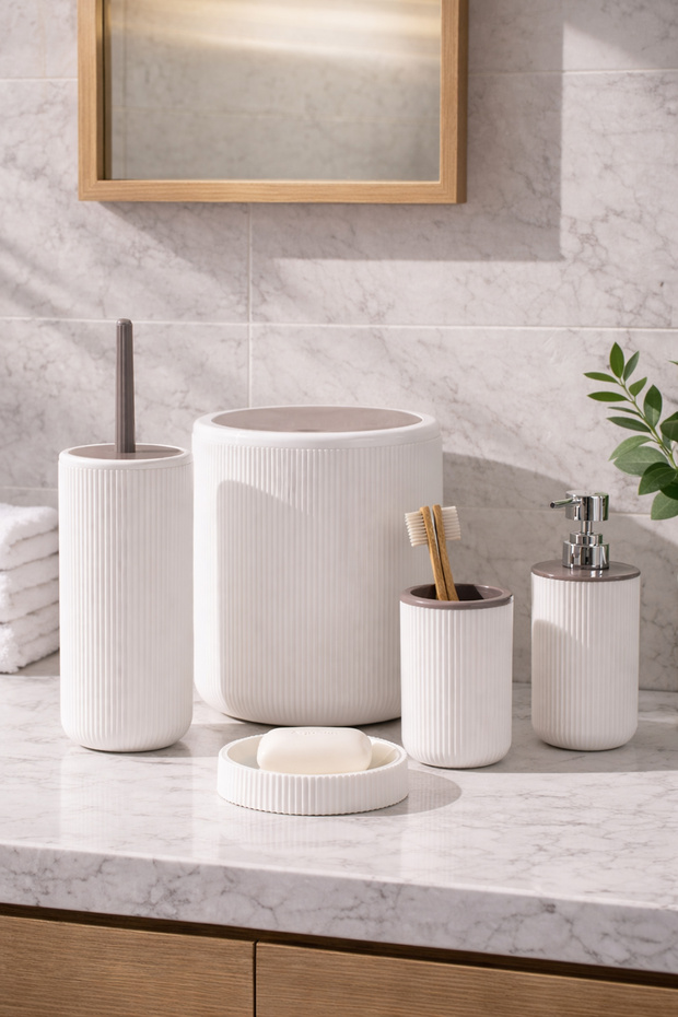 5 Piece Round Bathroom Set - Trash Can, Soap Dispenser, Toothbrush Holder and Silicone Wc Brush White Taupe