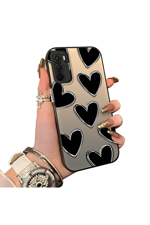 Oppo A55 4g Compatible Hard Acrylic Back Silicone Edge Lens Protection Case Heart Pattern