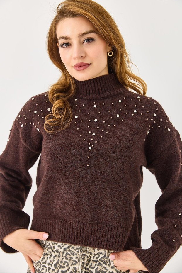Women's turtleneck knit sweater with stone and pearl embellishments - dark brown