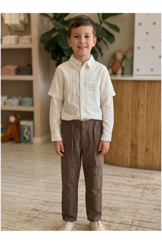9-14 Years Old Shirt and Pants Two-Piece Set - Beige-Mink