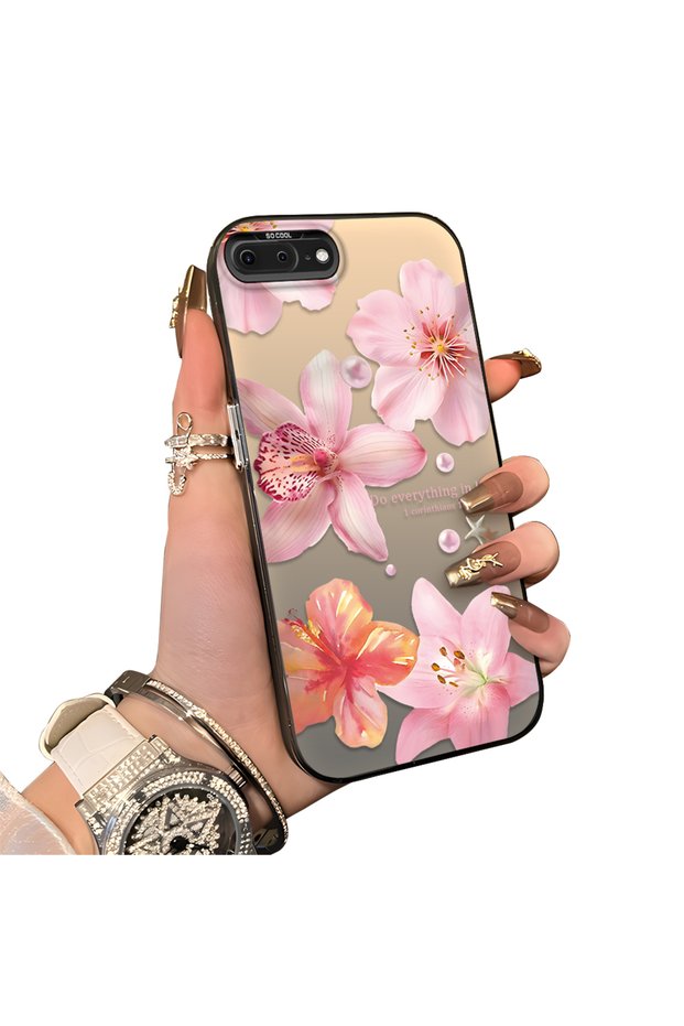 iPhone 7 Plus/8 Plus Compatible Hard Acrylic Back Silicone Edge Lens Protection Case Lily Pattern