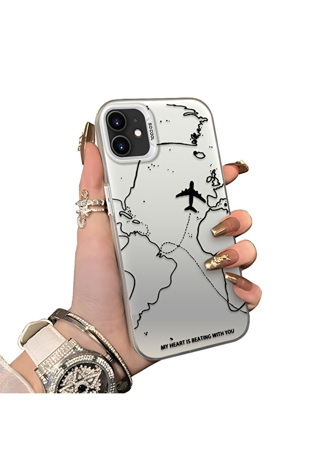 iPhone 12 Mini Compatible Hard Acrylic Back Silicone Edge Lens Protection Case Airplane Pattern