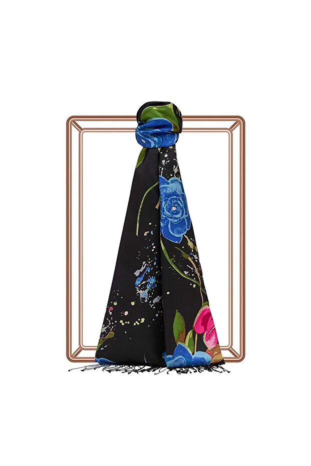 Summer Garden Patterned Silk Shawl 07165-Black
