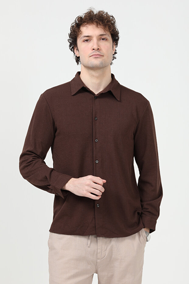 Men's Long Sleeve Button down Textured Shirt Brown - 26Y 30000