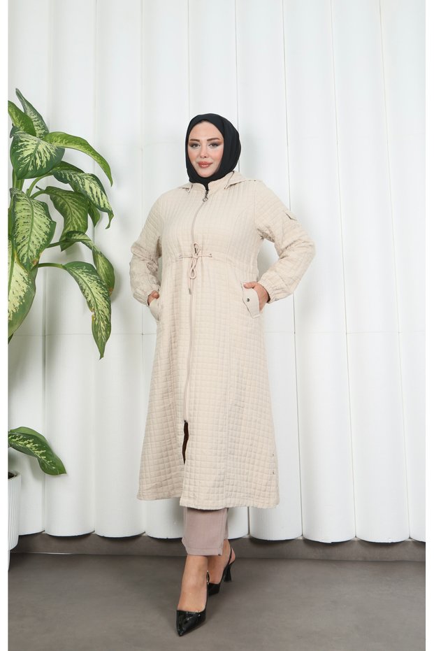 Hooded Quilted Stylish Long Coat Stone Hnt7115