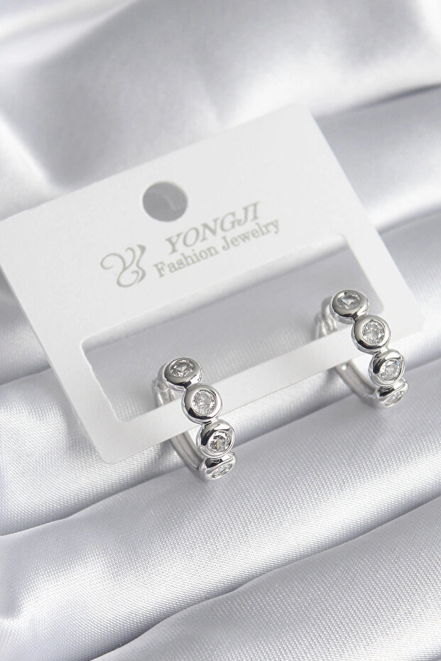 Brass Silver Color Zircon Stone Women's Earrings