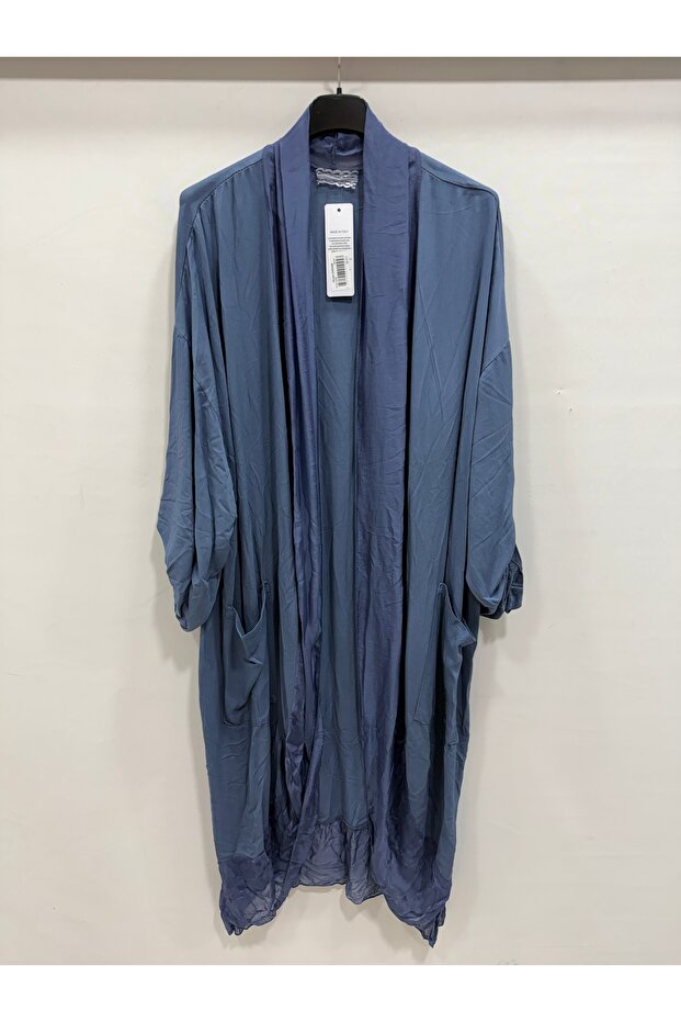 Women's Blue Italian İ Silk Ü Tulle Foldable Sleeve Ov Oversized Zun Kaftan 40 - 46 Size
