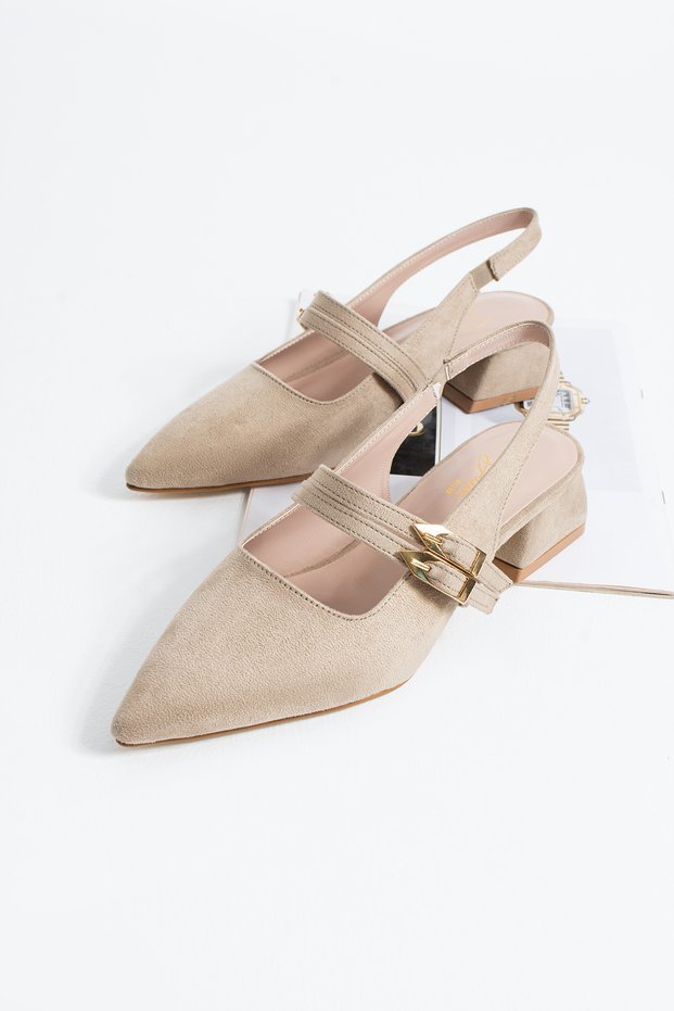 Yolanda Women's Suede Double Buckle Detail Short Heeled Shoes- Ballet Flats