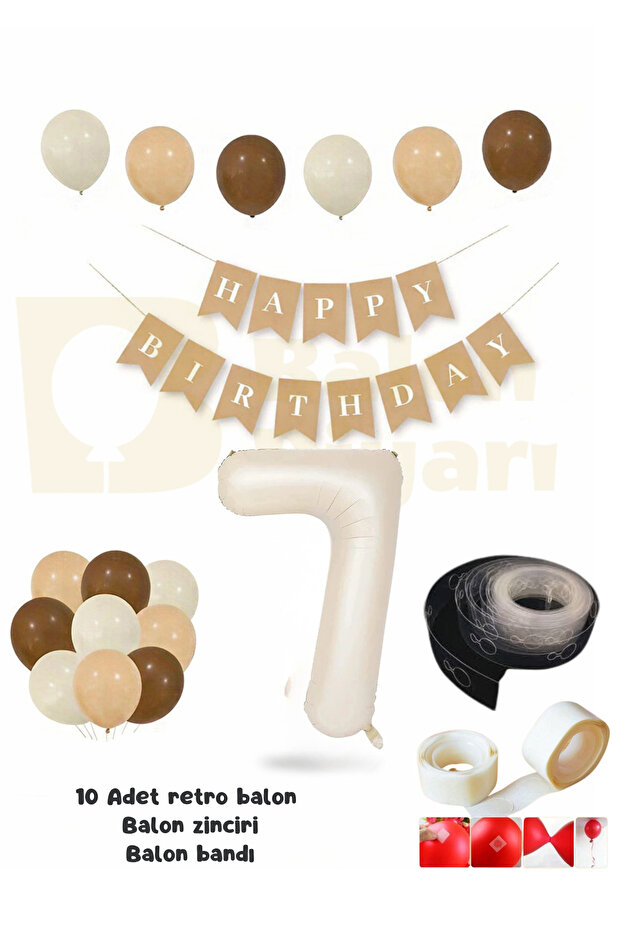 7Th Birthday Retro Set; Cream Number Foil, Banner, High-Quality Latex Balloon