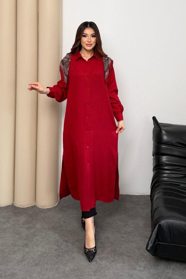 Scarf Detailed Balloon Sleeve Pocketed Long Shirt Dress 8997
