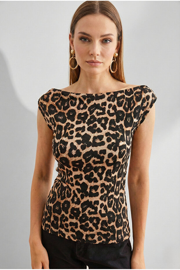 Women's Leopard Degaje Boat Neck Sleeveless Viscose Elasthane Blouse