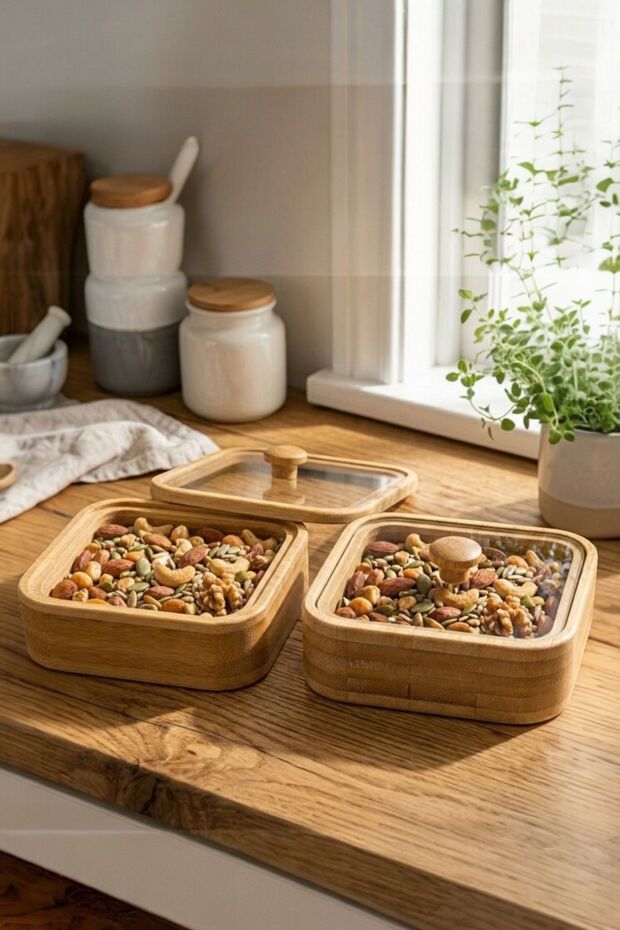 Natural Bamboo Luxury 2-Piece Breakfast & Presentation Set with Lid Design Snack Bowl