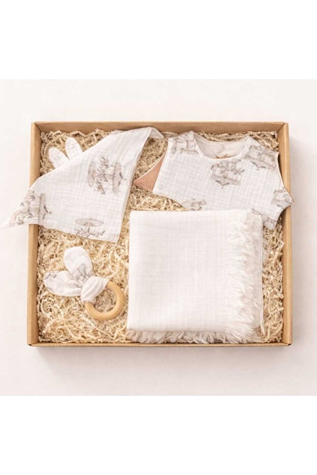 Muslin Baby 100X110 Blanket Teether Mouth Wipes Set of 4 in a Box