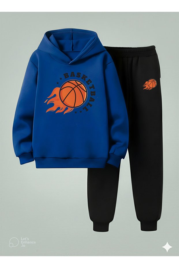 Kids Boys Hooded Set Basket Ball 3 Thread Yarn Sh Brushed Inside Sweatshirt - Tracksuit Set