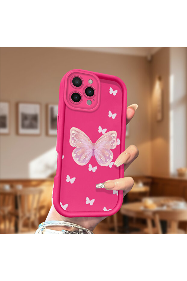 حافظة هاتف آيفون 14 برو ماكس متوافقة مع السيليكون المقاوم للصدمات باللون الأحمر الوردي بنمط الفراشة - 2