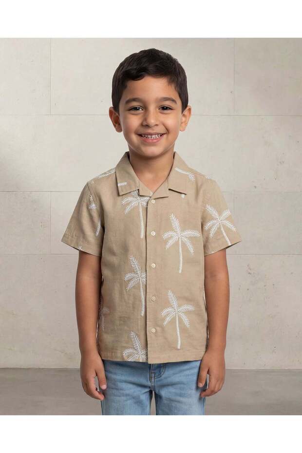 Boys Beige Palm Print Shirt With T Shirt