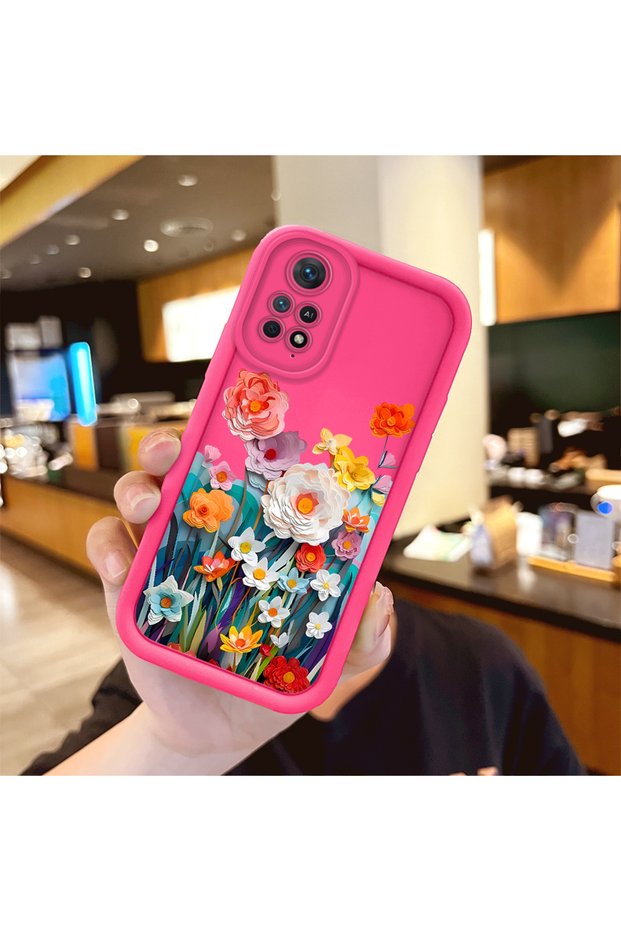 حافظة هاتف Redmi Note 11 Pro متوافقة مع السيليكون المقاوم للصدمات باللون الأحمر الوردي بنمط زهرة