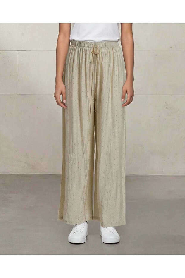 Women Beige Studded Wide Leg Trouser