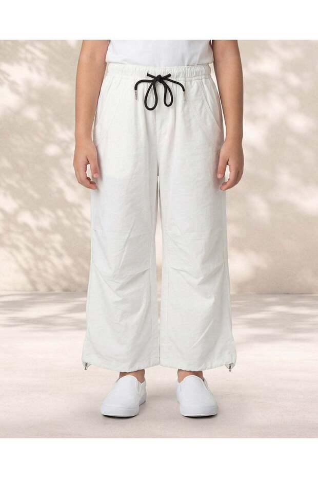 Girls White Wide Leg Pants With Pocket