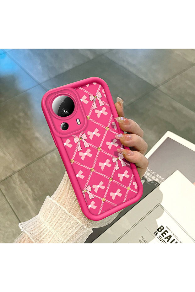 حافظة هاتف Mi 13 Lite 5G متوافقة مع السيليكون المقاوم للصدمات باللون الأحمر الوردي بنمط فيونكة - 4