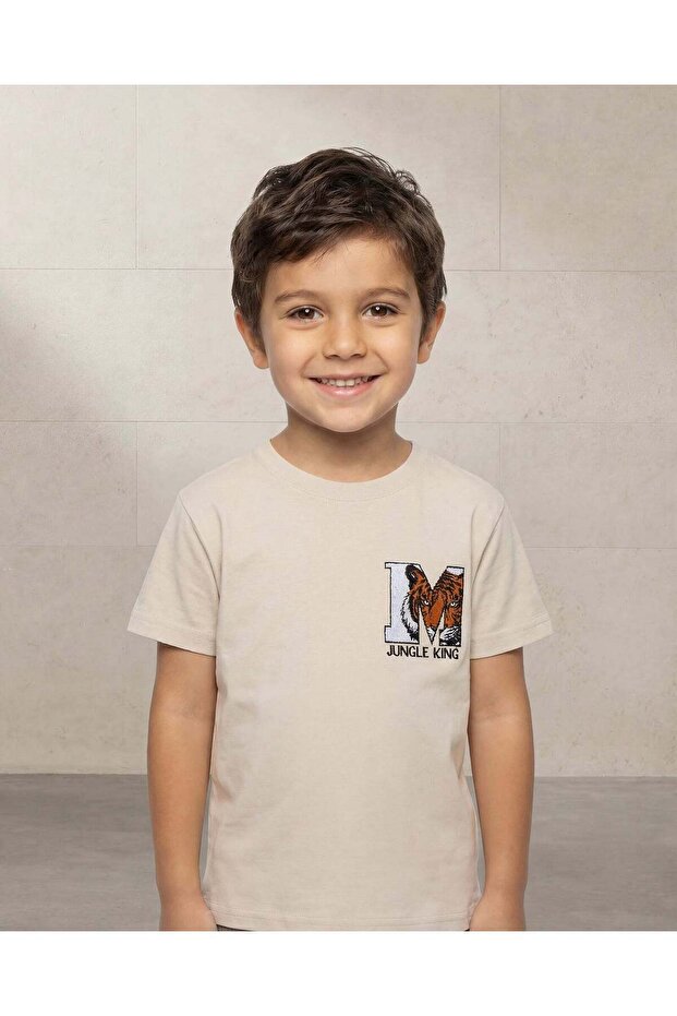 Boys Beige Chenille Embroidery T Shirt