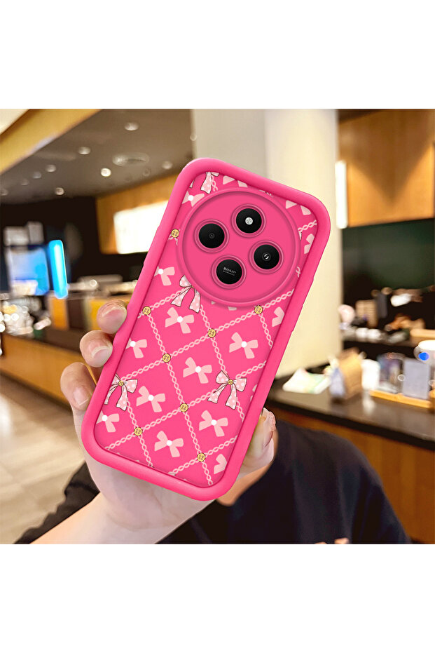 Redmi 14C Compatible Silicone Shockproof Rose Red Phone Case Bow Pattern - 1