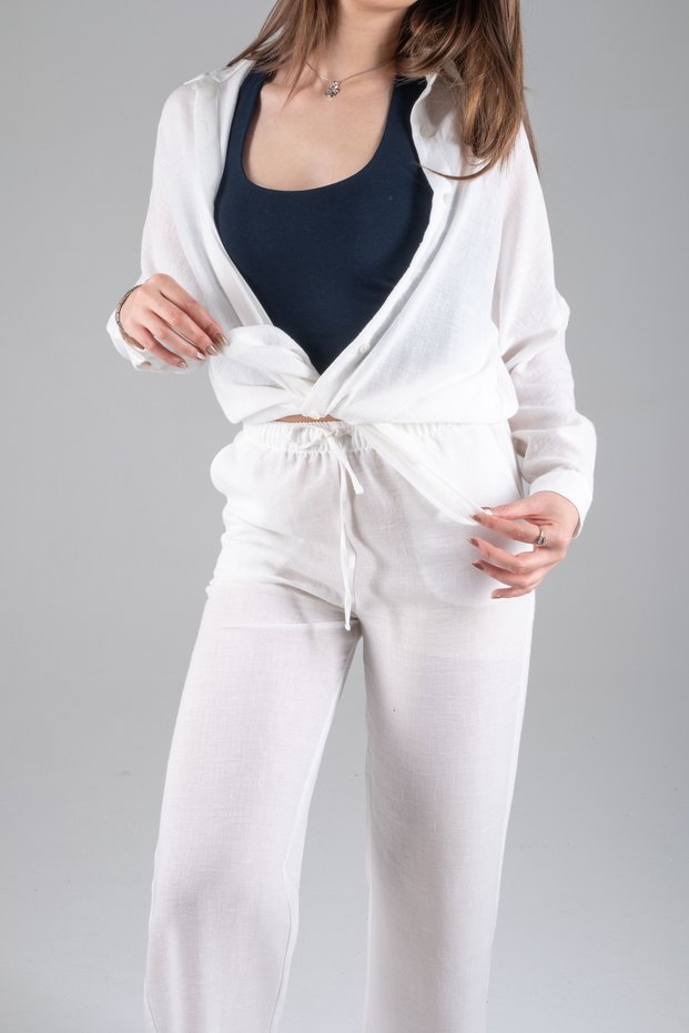 Women's Linen Pants Long Sleeve Shirt Top and Bottom Set