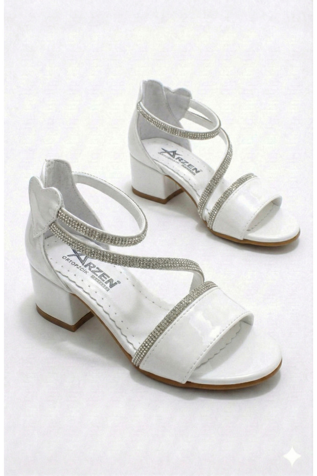 Girl's Block Heel Stone Evening Dress Shoes Sandals Special Occasion Shoes with Ankle Strap and Heart Detail
