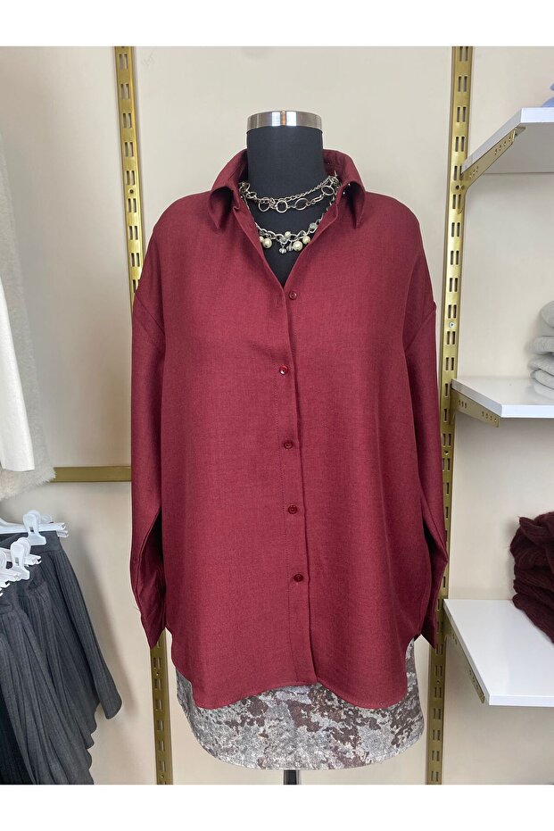 Kadın Bordo Oversize Uzun Basic Gömlek - 2