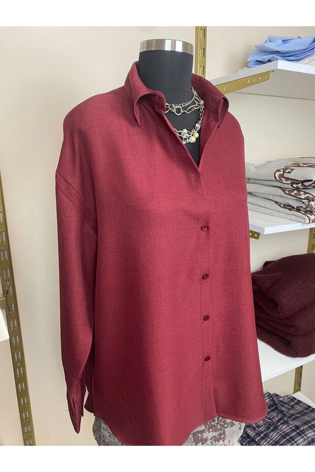 Kadın Bordo Oversize Uzun Basic Gömlek - 4