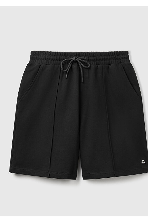 Men's Black 100% Cotton Logo Detailed Drawstring Bermuda Shorts