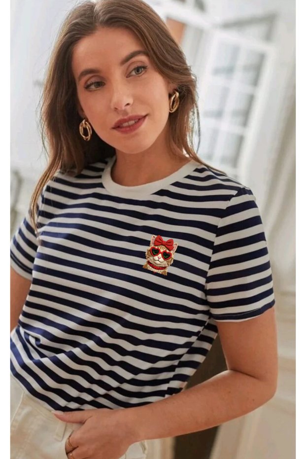 Popular Mix Printed Navy Blue Striped Detailed Regular Fit Women's T-Shirt