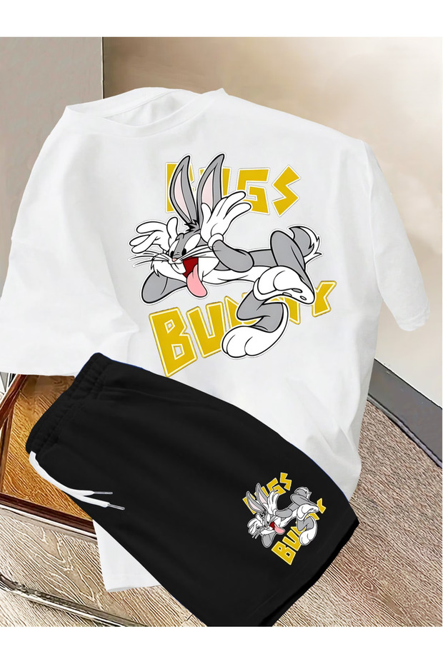 Bunny Shorts T-Shirt - Shorts Bottom Top Tracksuit Set Printed Oversized Crew Neck