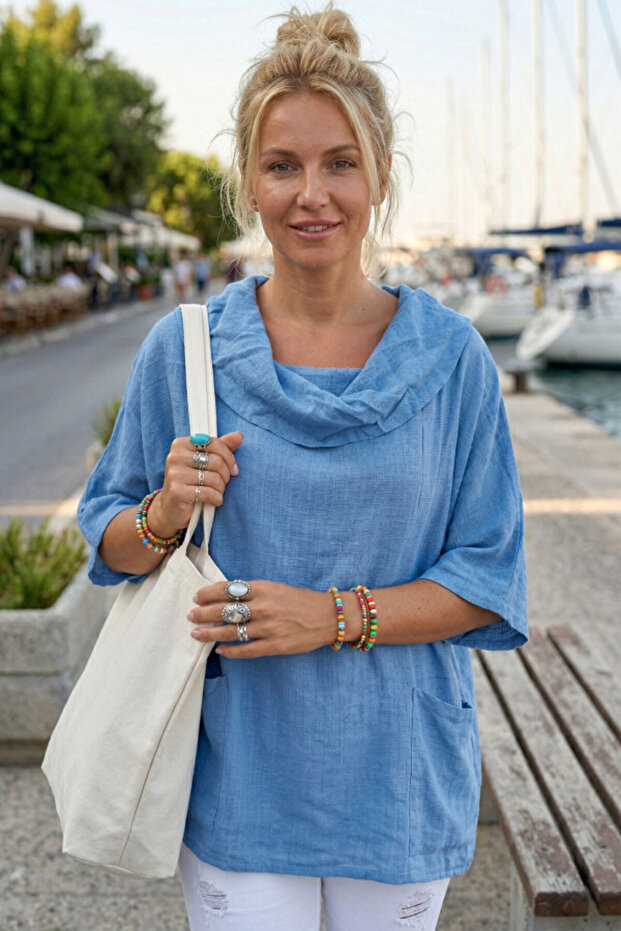 Blue Shawl Collar Short Sleeve Double Pocketed Casual Linen Look Wide Cut Woven Blouse 65 70