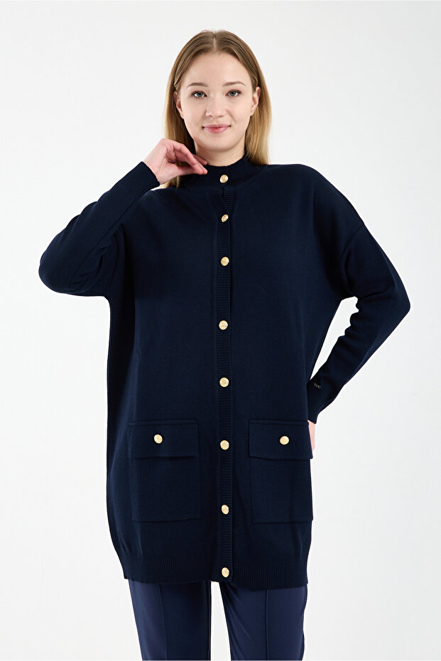 French Knitwear Wool Cardigan Dark Blue