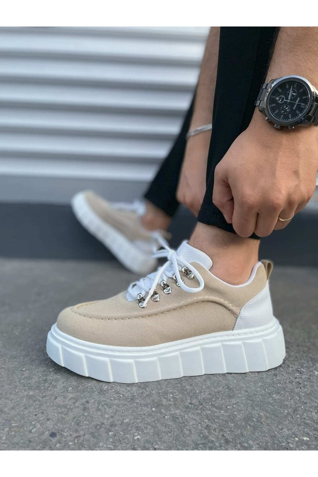 Cream Suede Lace-Up Men's Casual Shoes
