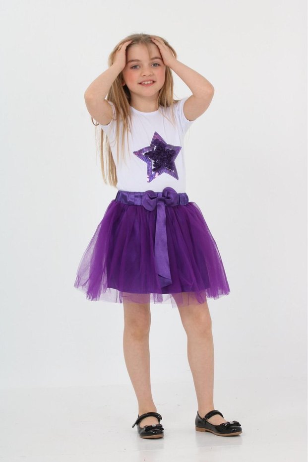 23 April Show Outfit Girls Tutu Skirt Purple Starry T-Shirt Set