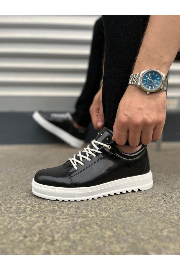 Black Patent Leather (White Sole) Lace-Up Men's Casual Shoes