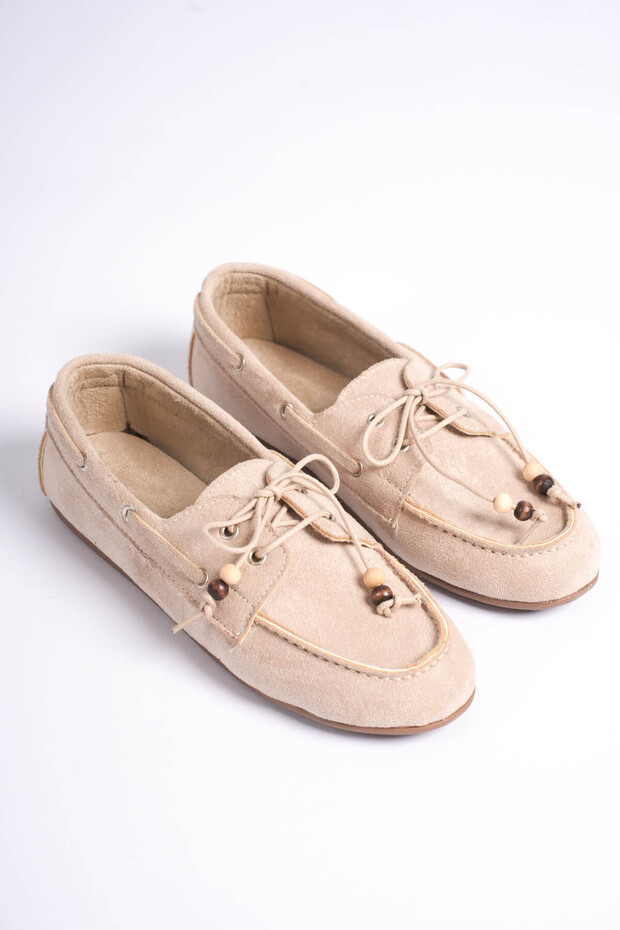 Verona Women's Beige Suede Beaded Lace-Up Daily Casual Ballet Flats Laofer