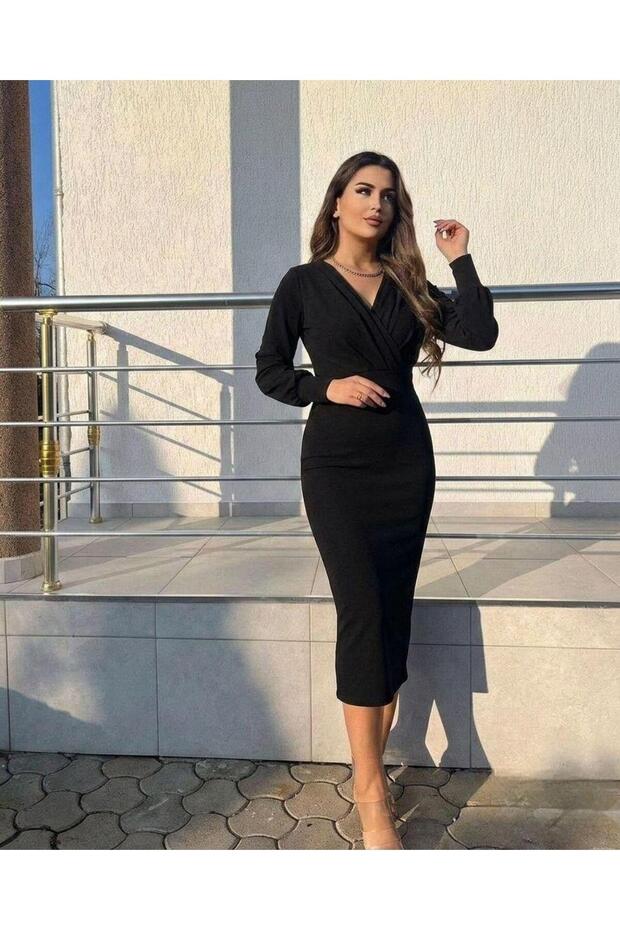 Crepe Double-Breasted Collar Midi Length Pencil Dress 583169 Black