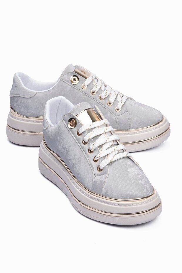 Women's Sneakers Velvet Patterned Gold Detailed Thick Sole Sports Shoes Lilium Gray