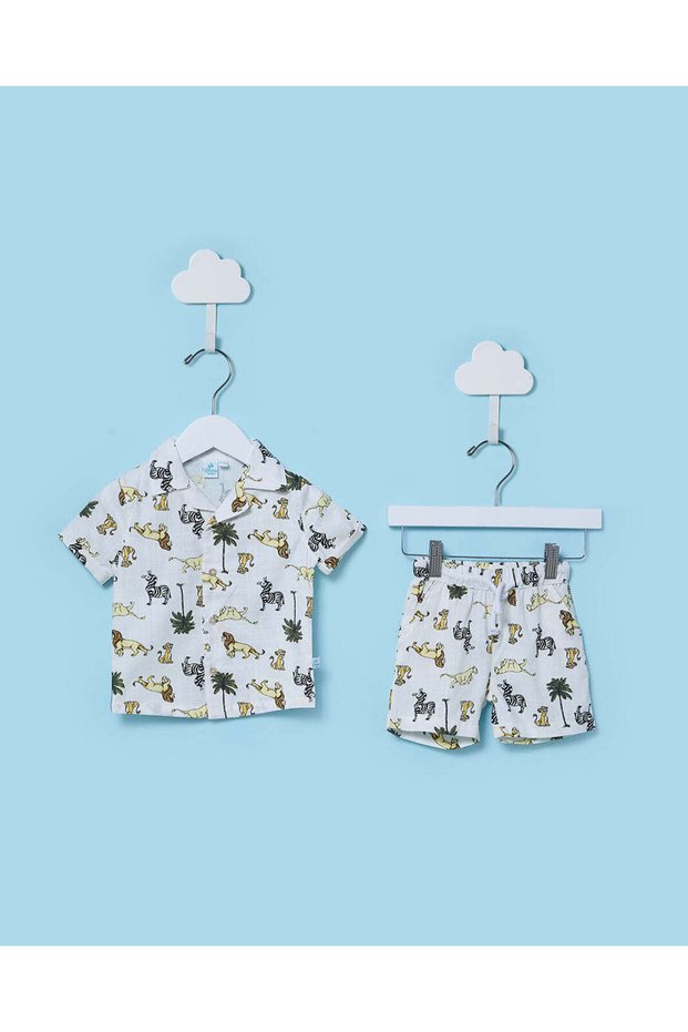 Infant Boys White Simba Printed Shirt and Shorts Set