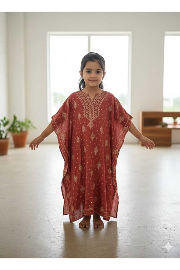 Rust Red Printed Kids Jalabiya, Gold Motif Design with Kaftan Sleeves